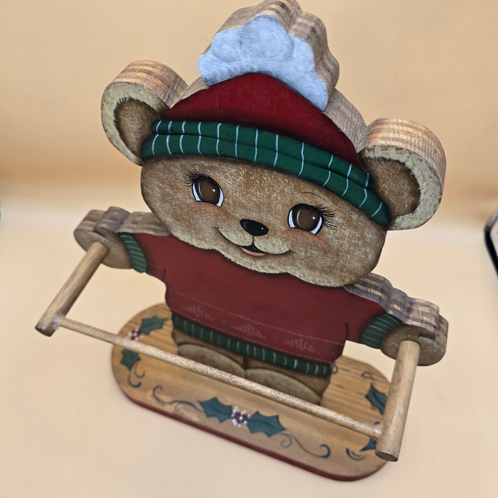Vintage Christmas Wooden Teddy Bear Towel Holder Hand Painted Folk Art Holiday - Picture 9 of 16